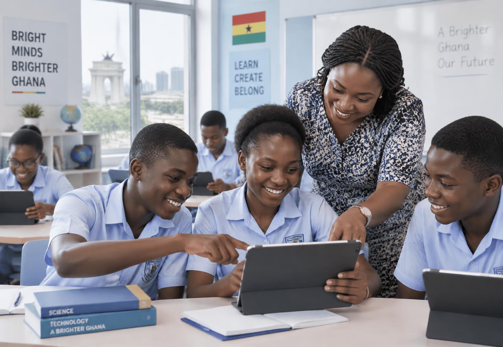 Ghanaian students learning on tablets with their teacher
